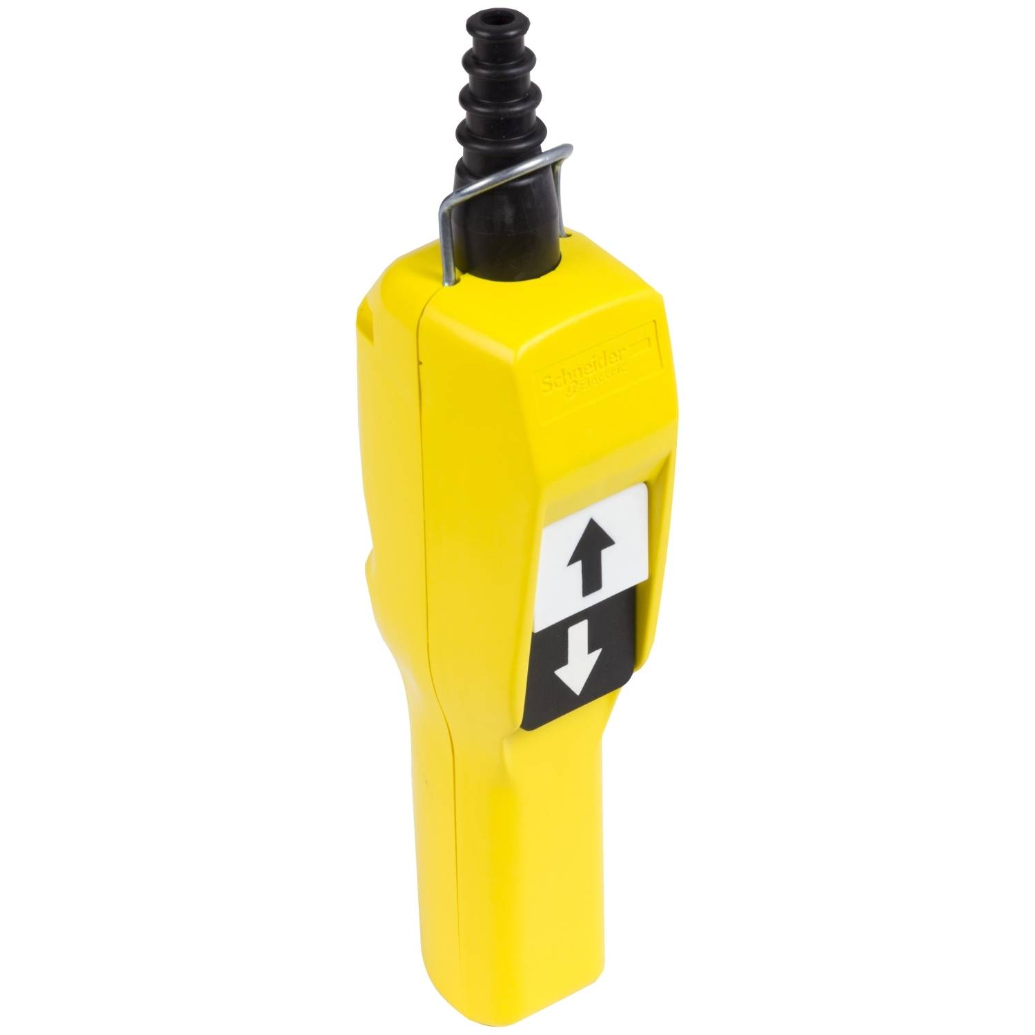 Dispositif de commande manuelle jaune à deux boutons : flèche vers le haut (blanche), flèche vers le bas (noire), utilisé pour le contrôle des appareils de levage.