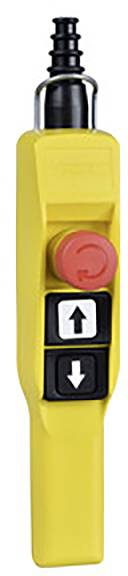Poignée de commande jaune avec bouton d'arrêt d'urgence rouge et deux touches noires avec des flèches blanches vers le haut et vers le bas.