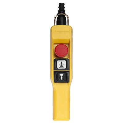 Un dispositif de commande jaune avec un bouton d'arrêt d'urgence rouge et, en dessous, deux touches fléchées blanches pointant vers le haut et le bas.
