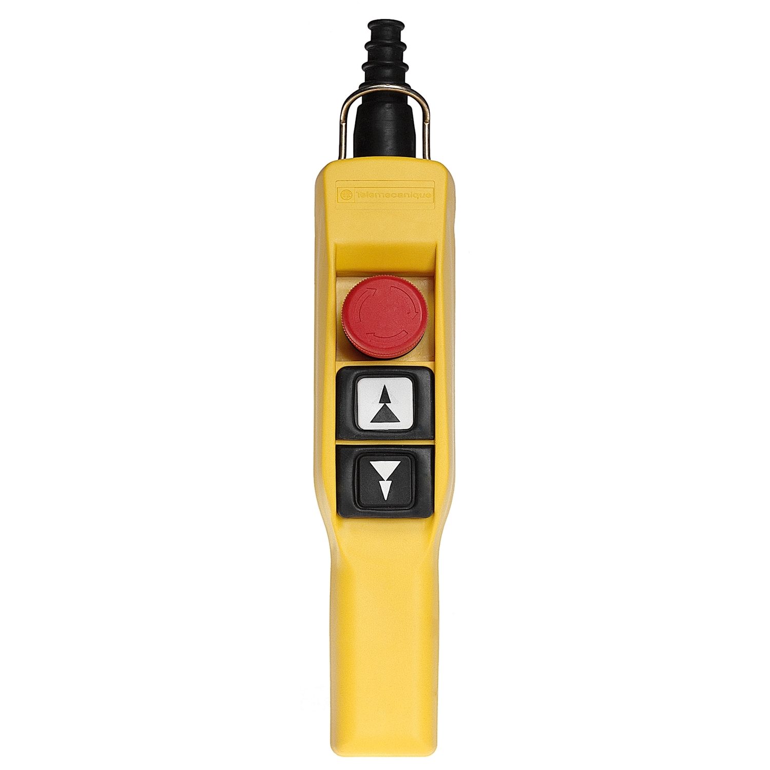 Un dispositif de commande jaune avec un bouton d'arrêt d'urgence rouge et, en dessous, deux touches fléchées blanches pointant vers le haut et le bas.