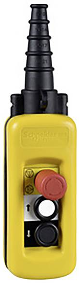 Télécommande jaune de Schneider Electric avec trois boutons : un bouton d'arrêt d'urgence rouge et deux boutons de commande noirs, avec un raccordement de câble en haut.