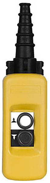 Télécommande jaune avec un embout noir, deux grands boutons noirs et une flèche de direction.