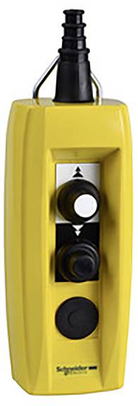 Bouton-poussoir jaune avec deux boutons noirs et un interrupteur à clé : dispositif de commande de Schneider Electric.