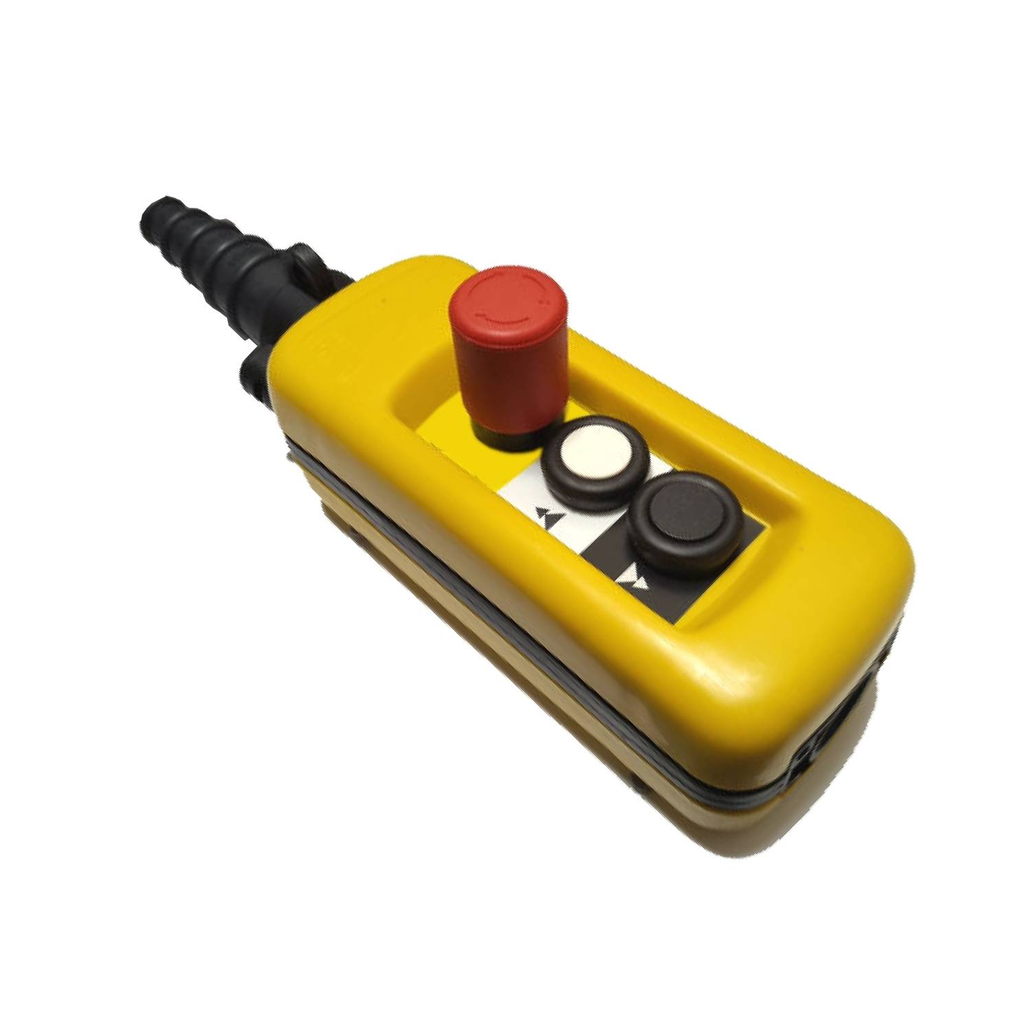 Un interrupteur jaune avec un bouton d'arrêt d'urgence rouge et deux touches noires sur un fond blanc plat.