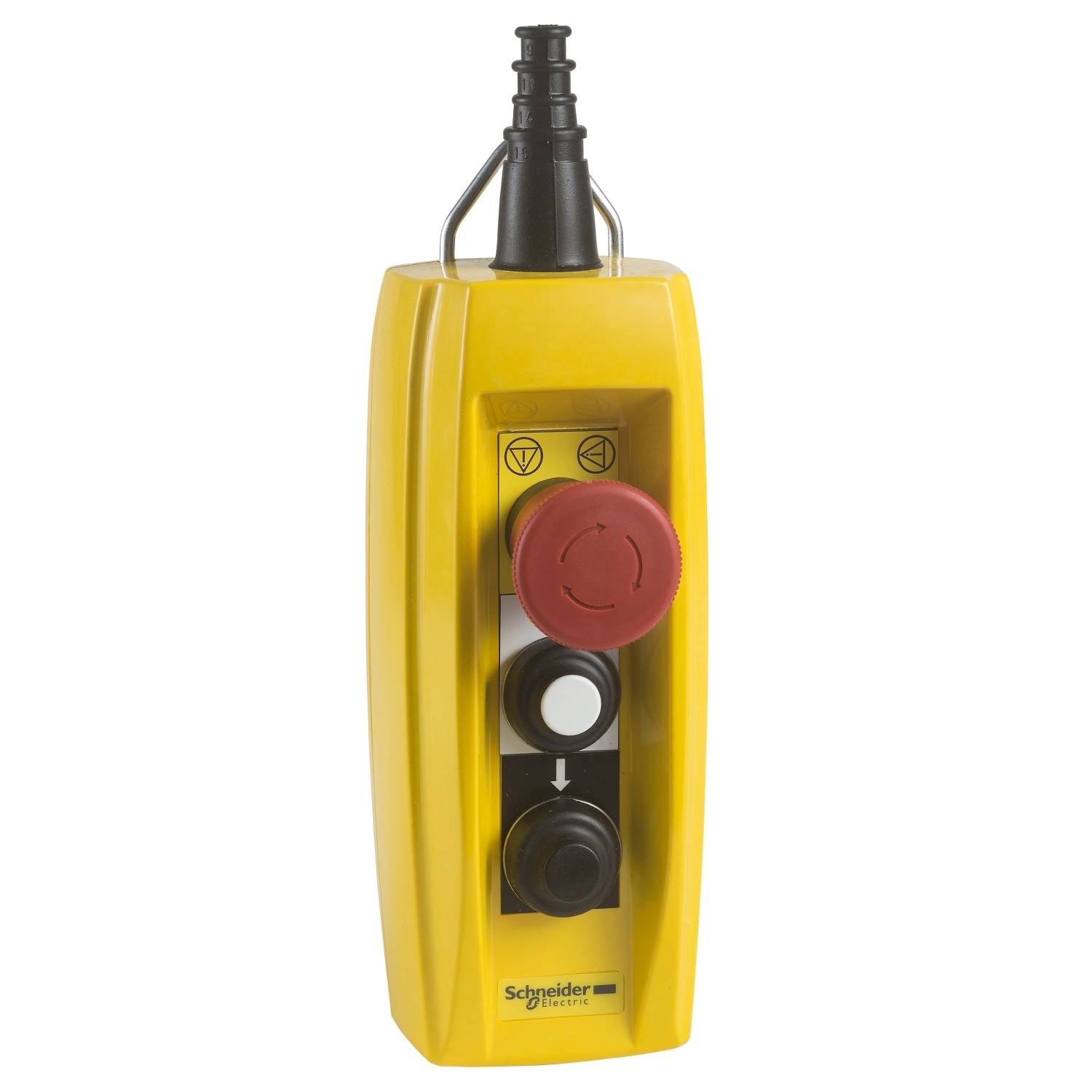 Boîte de commande manuelle jaune avec bouton d'arrêt d'urgence rouge et deux touches noires en dessous. Un câble noir en haut. Marquée 'Schneider'.