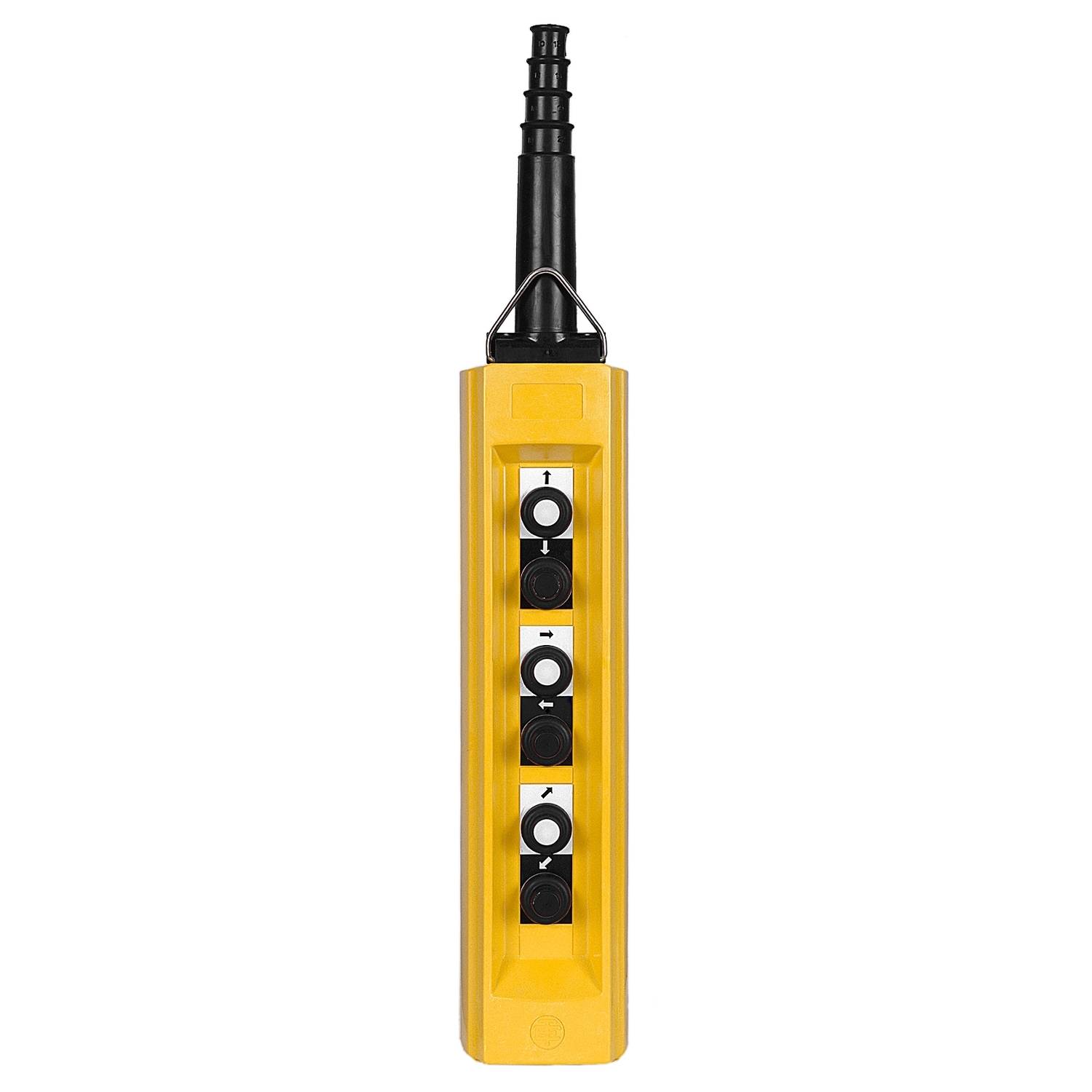 Appareil de commande jaune avec quatre boutons noirs alignés. Une poignée striée noire se trouve en haut de l'appareil.