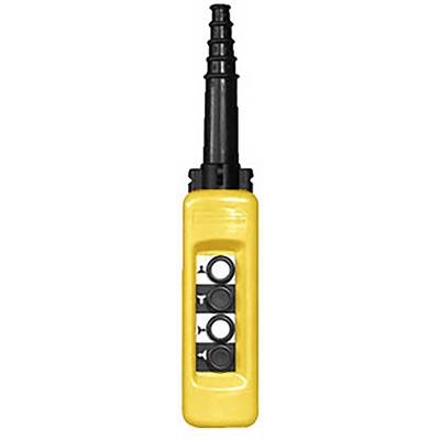 Un bouton-poussoir jaune avec trois boutons-poussoirs noirs, utilisé pour commander des machines ou des appareils de levage.