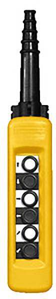 Un boîtier de commande jaune avec quatre touches noires disposées verticalement et un connecteur noir en haut.