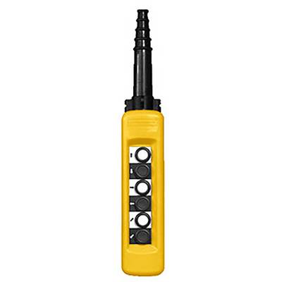 Un boîtier de commande jaune avec quatre touches noires disposées verticalement et un connecteur noir en haut.