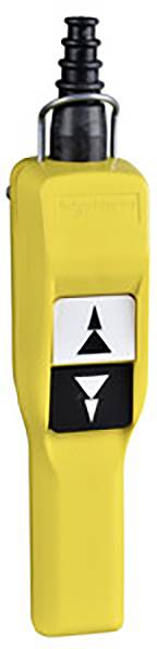 Télécommande jaune avec deux boutons. Le bouton supérieur pointe vers le haut, le bouton inférieur vers le bas. Adaptée pour les dispositifs de levage.