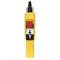 Télécommande jaune avec un bouton d'arrêt d'urgence rouge en haut, en dessous des touches de flèches noires et blanches pour monter et descendre.