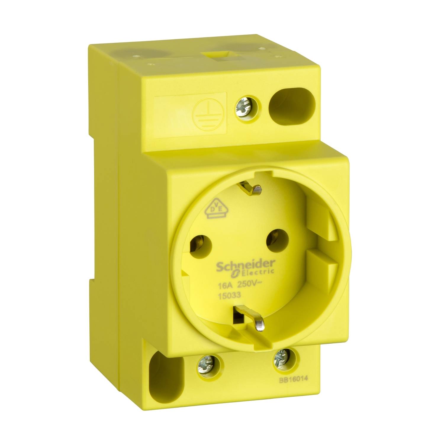 Prise jaune de Schneider Electric, 16A, 250V. Conçue pour des applications industrielles.