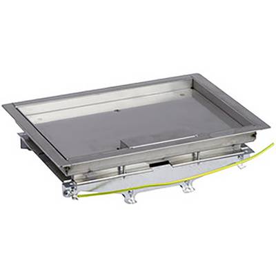 Plateau rectangulaire en acier inoxydable avec rebord surélevé et trois points de fixation. Câble jaune et vert connecté.