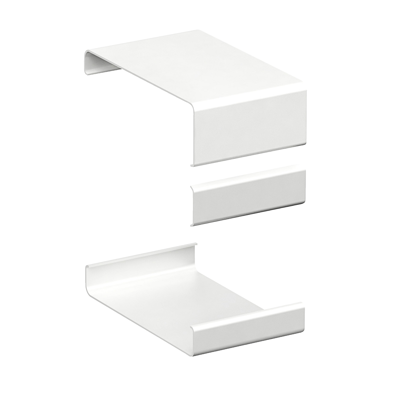 Des angles métalliques blancs fixent verticalement des plaques empilées, probablement dans le cadre d'un support ou d'un système de fixation pour des meubles.