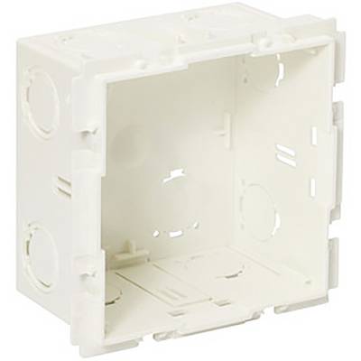 Boîte en plastique blanc rectangulaire avec des découpes rondes sur les côtés, ouverte à l'avant, adaptée pour un montage encastré.