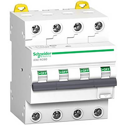 Un disjoncteur différentiel de Schneider Electric, modèle 'iC60 RCBO', à quatre interrupteurs et étiquetage vert et blanc.
