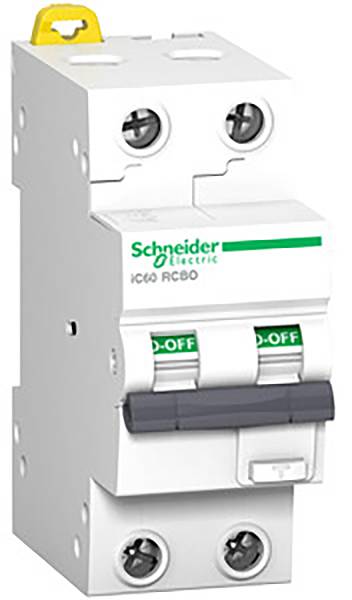 Un disjoncteur typique de Schneider Electric avec une poignée verte et le logo de la marque. Utilisé dans les tableaux électriques.