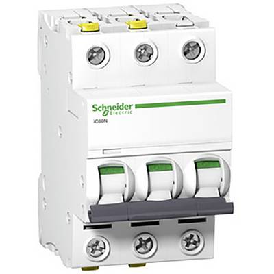 Disjoncteur tripolaire de Schneider Electric, modèle iC60N, destiné à la protection des circuits électriques.