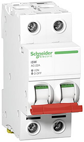 Un disjoncteur bipolaire de la marque Schneider Electric, avec logo vert et bouton rouge. Marquages pour MARCHE/ARRÊT.