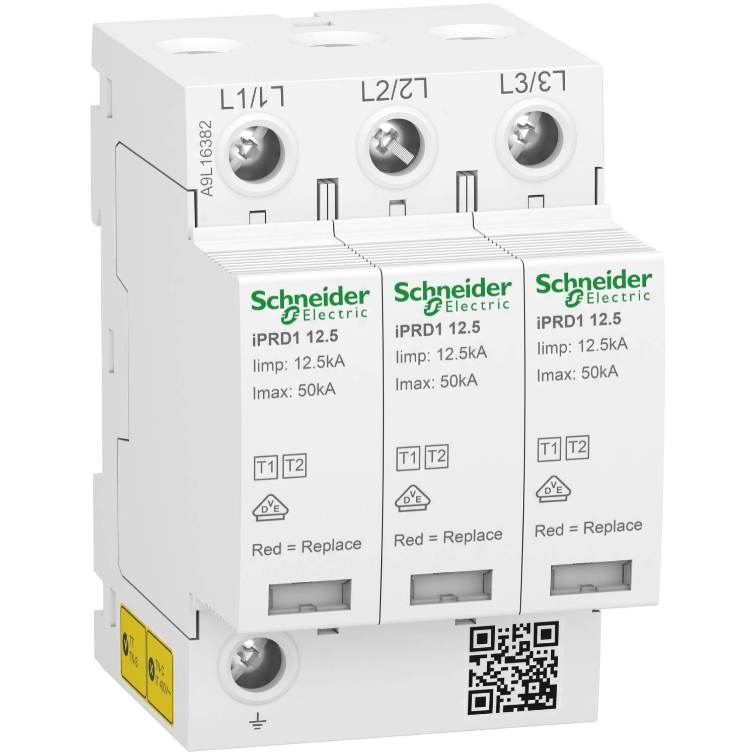 Un dispositif de protection contre les surtensions de Schneider Electric portant les identifications 'iPRD1 12.5', courant maximal de 50 kA, avec des indicateurs rouges signalant la nécessité de remplacement.