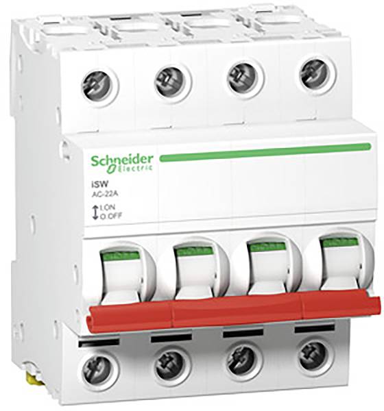 Un interrupteur-sectionneur 4 pôles de Schneider Electric avec commutateur rouge pour le contrôle des circuits électriques.