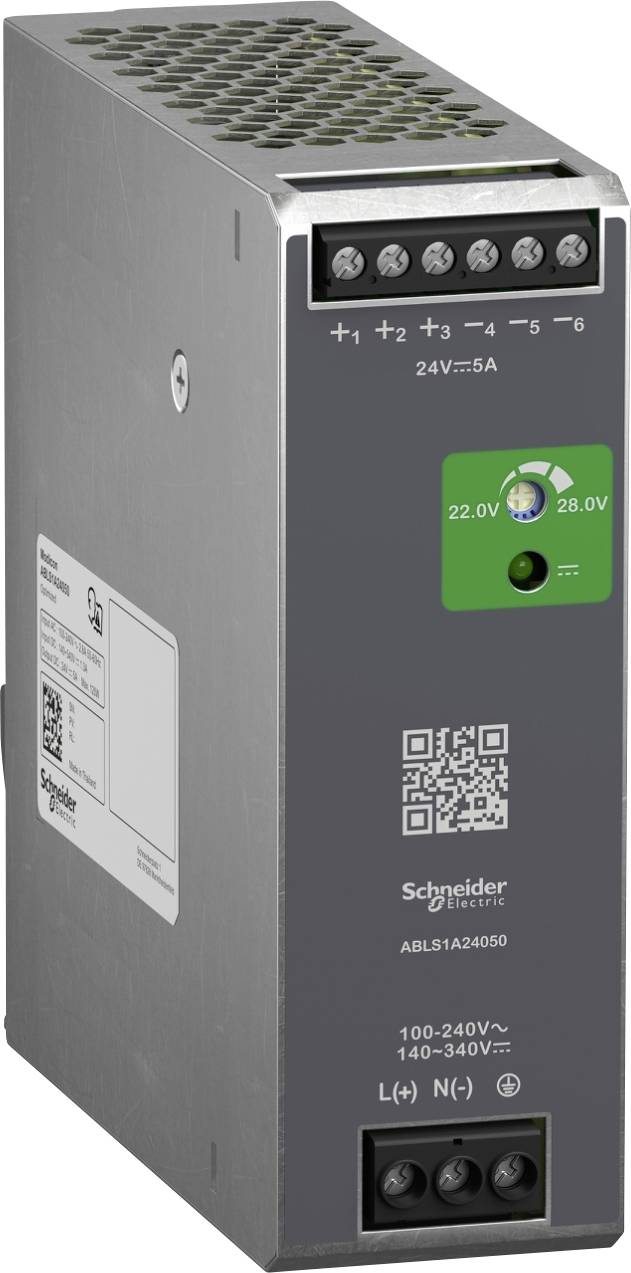 Un bloc d'alimentation argenté de Schneider Electric. Les étiquettes indiquent une tension d'entrée de 100-240V et une tension de sortie de 24V à 5A.