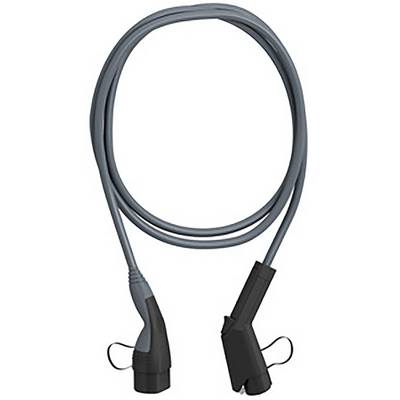 Un câble de charge gris avec deux fiches à ses extrémités, utilisé pour les véhicules électriques.