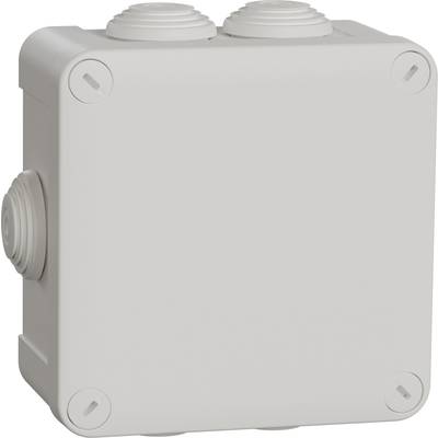 Boîte de dérivation en plastique gris-blanc avec des entrées de câbles obturées sur les côtés et le dessus. Adaptée pour les installations électriques.