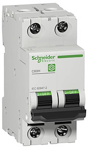 Disjoncteur portant l'inscription 'Schneider Electric', modèle 'C60H'. Deux leviers pointant sur 'OFF', dispositif de coupure de circuit électrique.