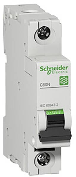 Un disjoncteur blanc de Schneider Electric avec un logo vert et l'inscription 'C60N', en position 'OFF'.
