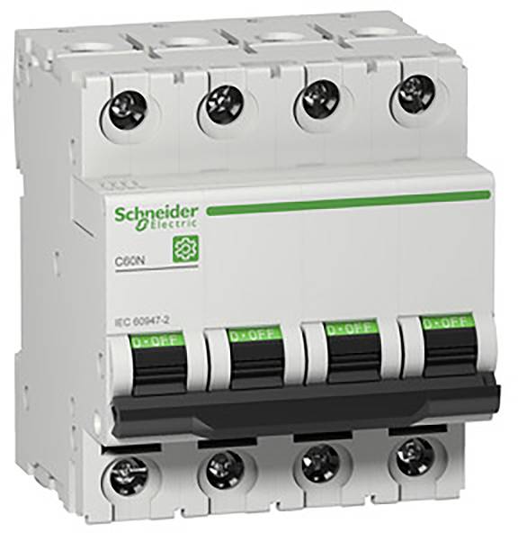 Un disjoncteur tétrapolaire Schneider Electric, modèle C60N, avec des interrupteurs à bascule pour la mise en marche et l'arrêt.