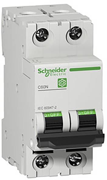 Un disjoncteur bipolaire de la marque Schneider Electric, modèle C60N, avec logo vert, interrupteur en position 'Arrêt'.