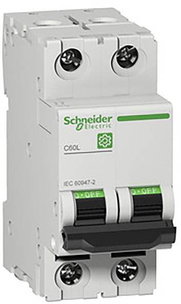 'Illustration d'un disjoncteur bipolaire de Schneider Electric, modèle C60L. Position des interrupteurs : les deux interrupteurs sur "OFF".'