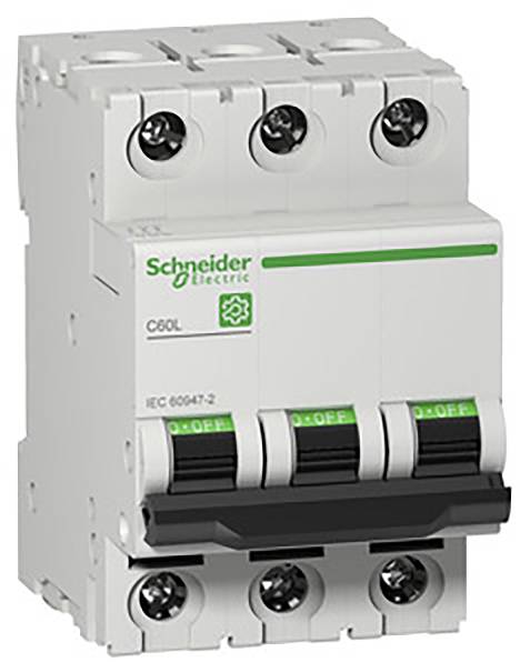 Disjoncteur tripolaire de Schneider Electric, modèle C60L, boîtier blanc, avec marquages '0' et 'OFF' sur les interrupteurs.