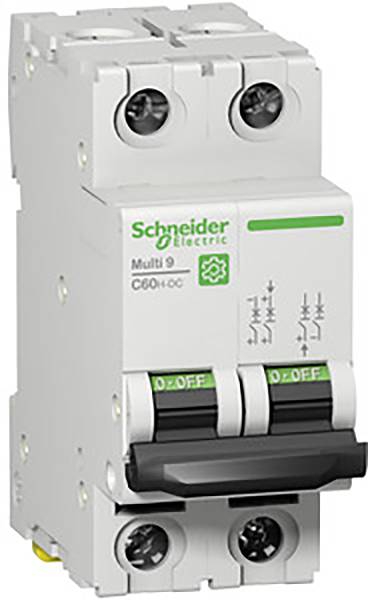Un disjoncteur blanc de Schneider Electric avec deux interrupteurs en position 'OFF'. Inscription 'Multi 9 C60 + DC'.