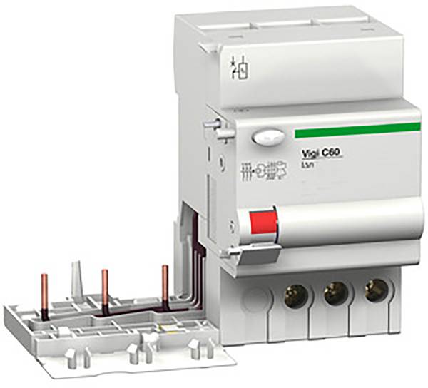Un disjoncteur électrique avec l'inscription 'Vigil C60'. Il dispose de trois bornes de connexion et d'un marquage vert et blanc.