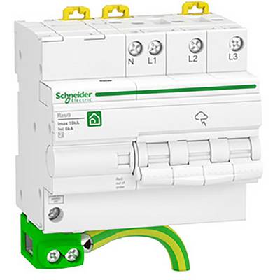 Un interrupteur de protection tétrapolaire de Schneider Electric avec une borne de terre jaune-verte. Étiqueté 'In = 63 A' avec des détails de câblage.
