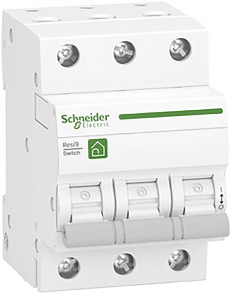 L'image représente un disjoncteur blanc tripolaire de Schneider Electric avec trois interrupteurs à bascule.