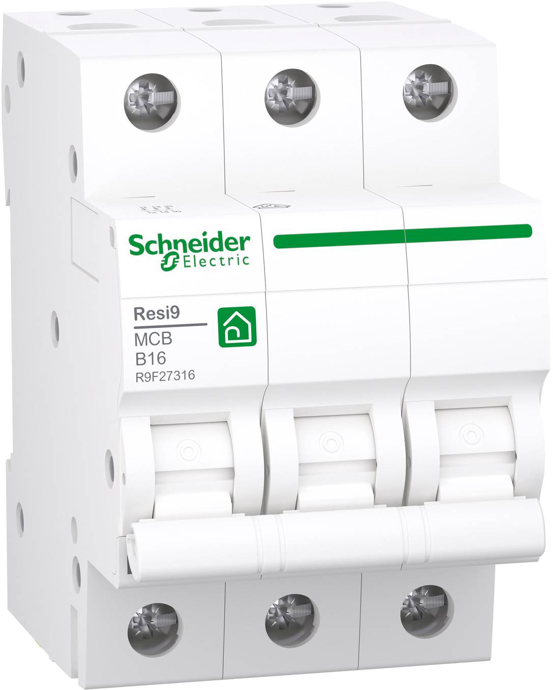 Disjoncteur tripolaire de marque Schneider Electric, type Resi9 MCB B16, pour la protection électrique dans les tableaux de distribution.