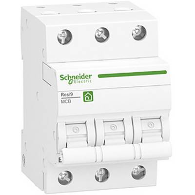 Schneider Electric Resi9 MCB, un disjoncteur modulaire blanc à quatre pôles, utilisé dans les armoires électriques.