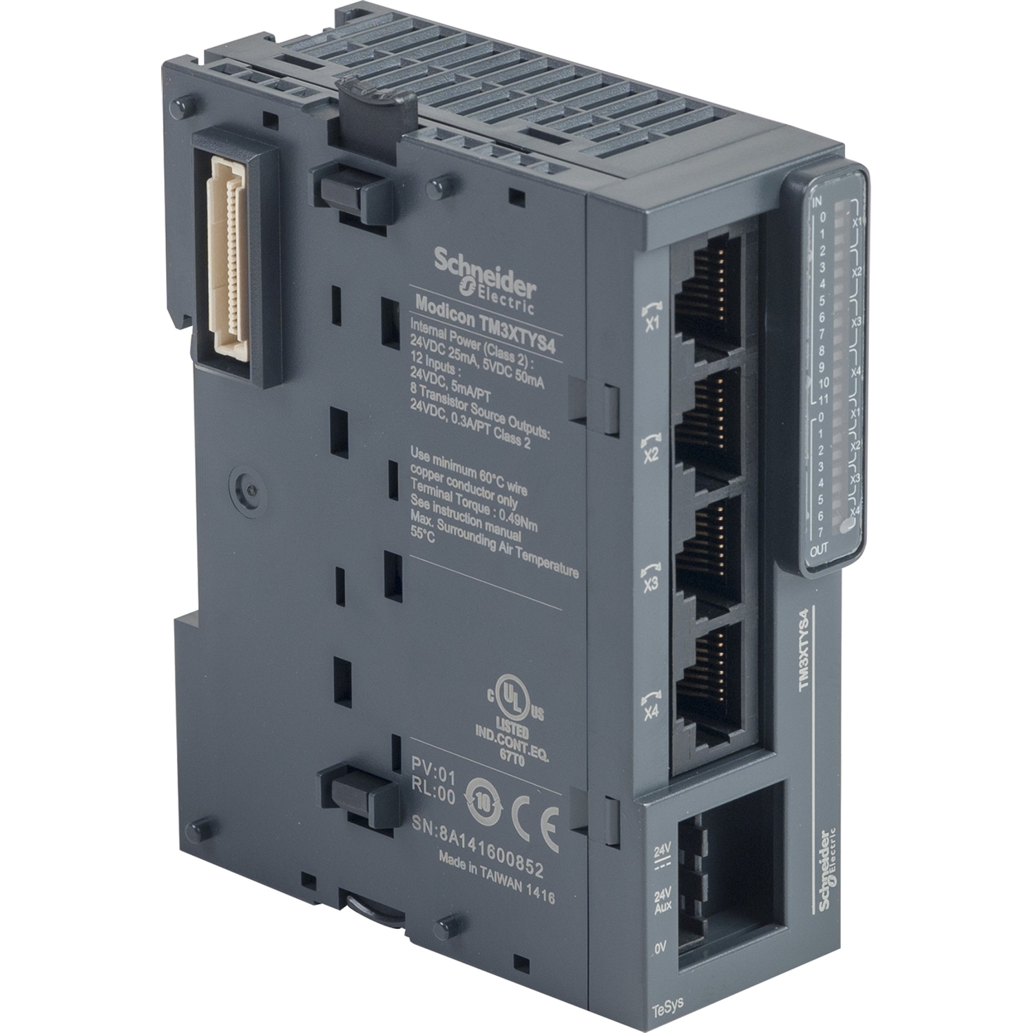 Un module électronique noir de Schneider Electric avec plusieurs ports Ethernet et une prise blanche en haut à gauche.