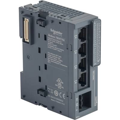 Un module électronique noir de Schneider Electric avec plusieurs ports Ethernet et une prise blanche en haut à gauche.