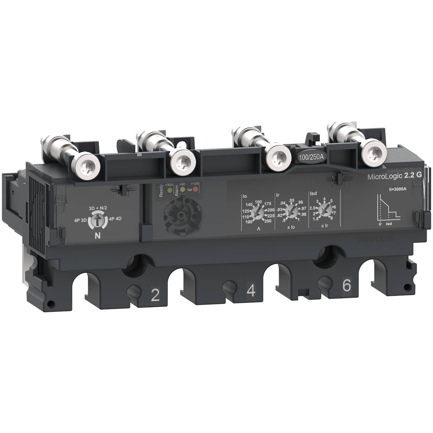 Disjoncteur MicroLogic 2.2 G avec plusieurs connexions enfichables. Les indicateurs et diagrammes affichent des informations électriques.