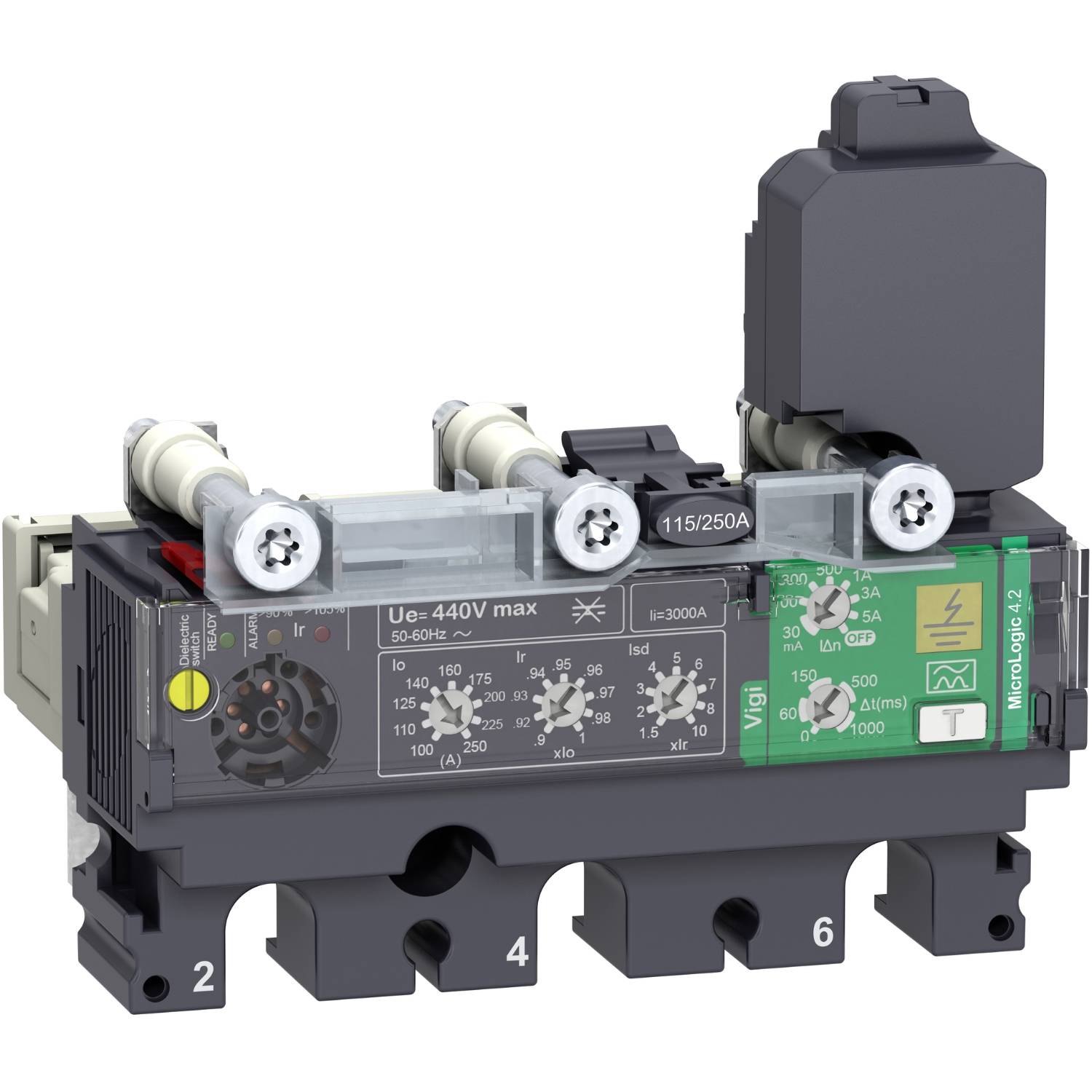 Disjoncteur tripolaire, tension maximale de 440V, avec bornes de connexion pour fusibles, affichant les spécifications techniques sur le devant.