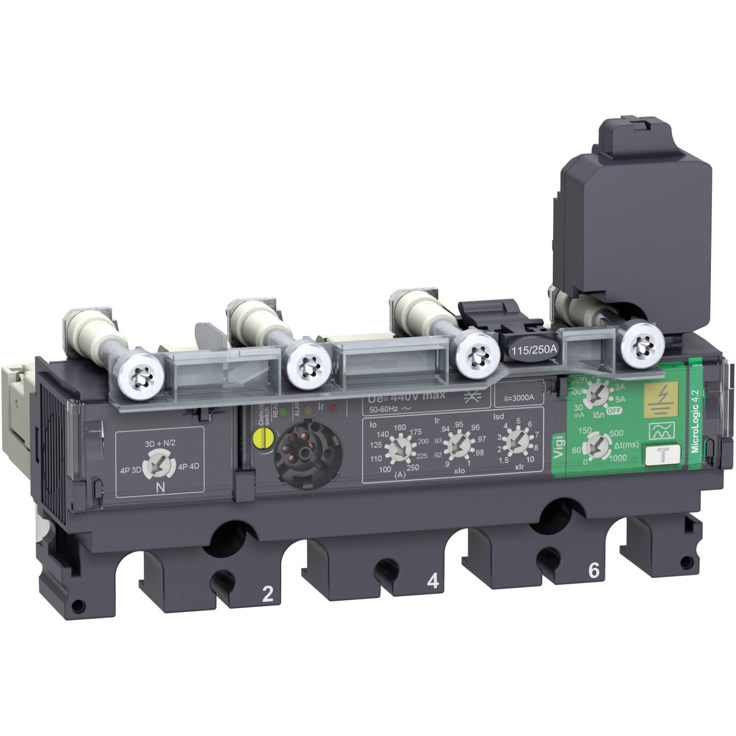 Un élément de commutation électrique avec plusieurs fusibles, interrupteurs et composants de circuit verts, numérotés de 2 à 6.