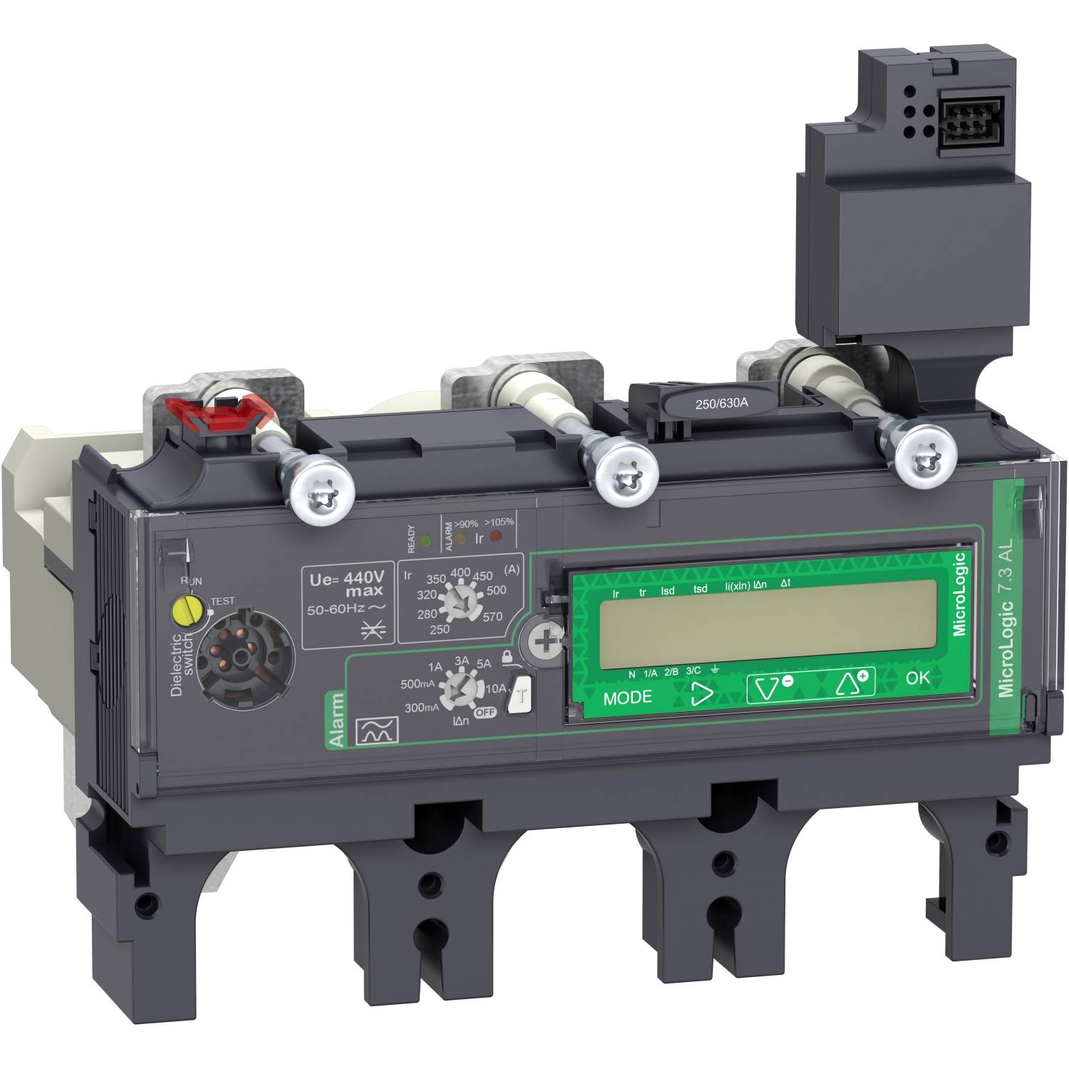 Interrupteur électronique de protection moteur avec écran vert et boîtier gris, affichant les paramètres et les options de connexion pour le contrôle.