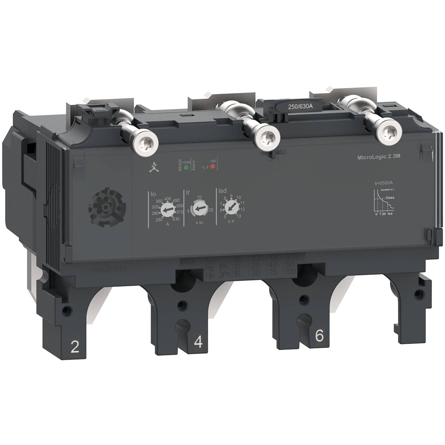 Boîtier d'un disjoncteur avec quatre bornes de connexion argentées en haut. Étiquetage : MicroLogic 2.3M, 250/630A.