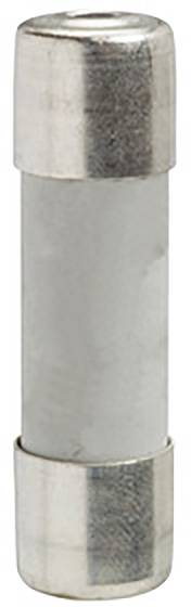 Un fusible cylindrique en verre avec des embouts métalliques aux deux extrémités, typique des applications électriques.