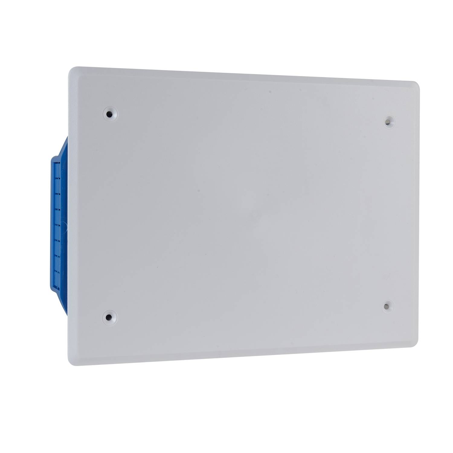 Couverture rectangulaire blanche avec un fin bord bleu, probablement un composant électrique ou technique, sur un fond neutre.