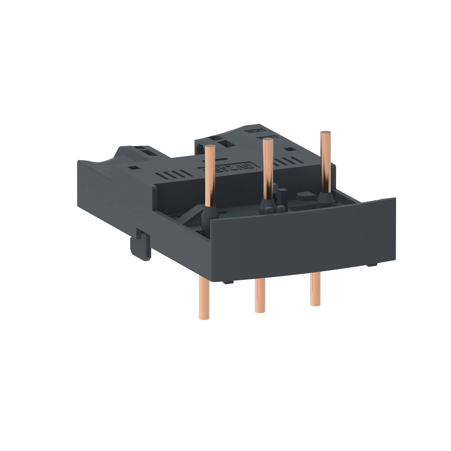 Un composant électronique noir avec plusieurs broches en cuivre dépassant de sa face inférieure pour le fixer sur une carte de circuit imprimé.